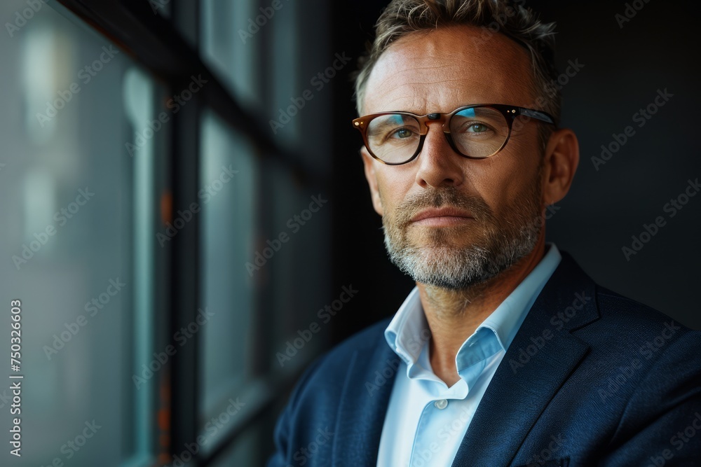 Fototapeta premium Confident Business Executive in Formal Wear Posing by Office Window with Serious Expression