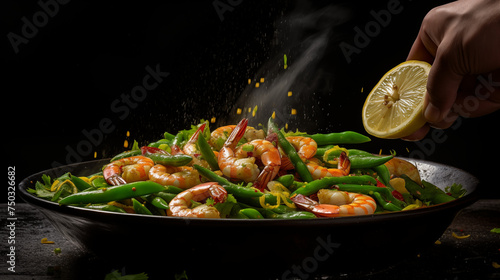 the kitchen is buzzing with activity on the stove and ingredients scattered across Skilled hands of a chef meticulously arranged fresh shrimps the countertops with a chaotic yet vibrant ambience. photo