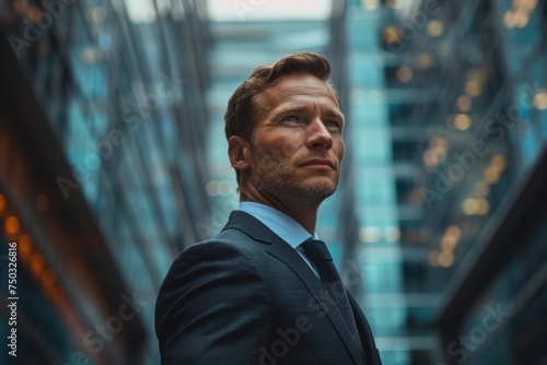 Confident Businessman Looking Up with Determination in Urban Corporate Environment