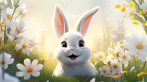  A close up of a easter bunny rabbit in a field of flowers happiness playful festive background