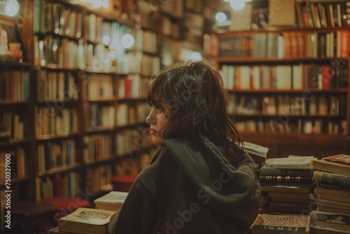 Young Woman Contemplating in Vintage Library Surrounded by Bookshelves