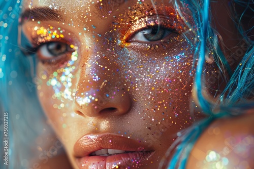 Close-Up Portrait of Young Woman with Sparkling Glitter Makeup and Blue Hair, Festive Beauty Concept