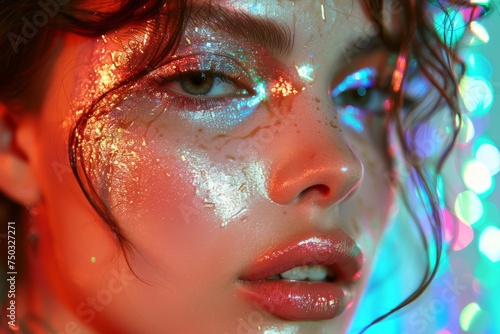 Glamorous Close-up Portrait of Woman with Sparkling Makeup and Colorful Lights Background