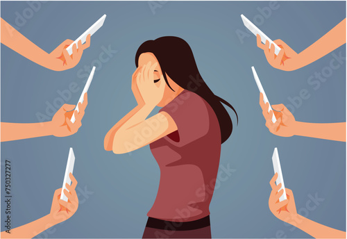People Pointing Mobile Phones at a Girl Hiding Her Face Vector Illustration. Stressed person having her privacy invaded by others filming her
