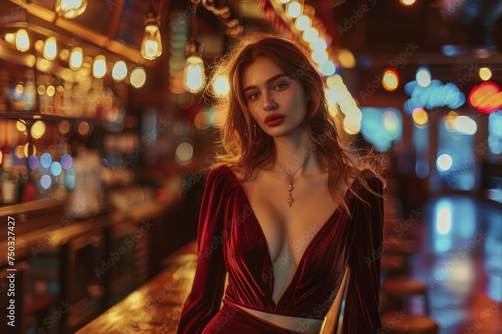 Elegant Woman in Red Velvet Dress Posing in Moody Vintage Bar Ambiance with Golden Lighting