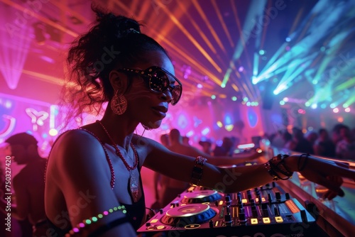 Vibrant Nightclub Atmosphere with Energetic Female DJ Playing Music Under Neon Lights