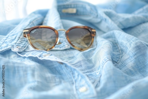 timeless pair of aviator sunglasses complements a casually folded denim shirt  creating a relaxed look