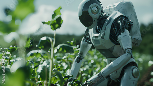 Robot Exploring Vegetation in a Garden . An advanced humanoid robot examines plants in a lush garden, showcasing a blend of technology and nature. 