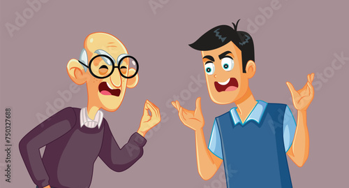 Angry Senior Man Fighting with Adult Son Vector Cartoon Illustration. Elderly dad screaming and reproaching his grown up child
