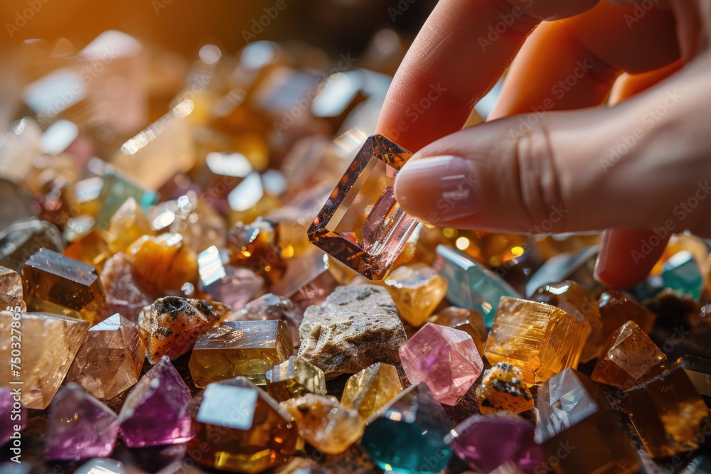 A hand grabs a brown gemstone from a pile on the table A hand grabs a brown gemstone from a pile on the table