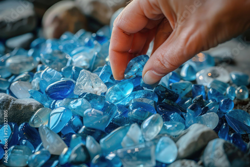 A hand grabs a blue gemstone from a pile on the table