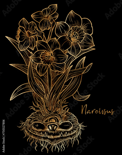 Hand drawn styled illustration with engraved funny demon or gnome face as root of beautiful spring flower of Narcissus photo