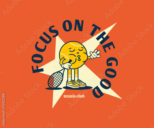 Funny cartoon character of tennis ball. Can be used as Sticker, posters, prints. Retro cartoon style. Vector illustration