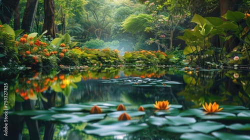 A tranquil pond nestles amidst a lush garden  its surface dotted with vibrant water lilies. Rays of light filter through the foliage