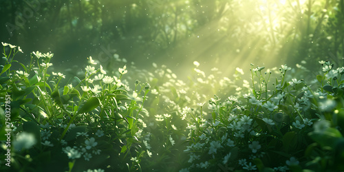 Natural green defocused spring summer blurred background with sunshine.