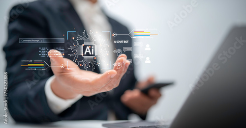 Businessman use of technology smart robot AI , artificial intelligence for Automation, Predictive analytics, Customer service AI-powered chatbot, analyze customer data, business and technology