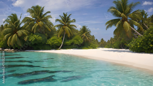 Tropical beach and palm trees, The Maldives, Indian Ocean © artmozai