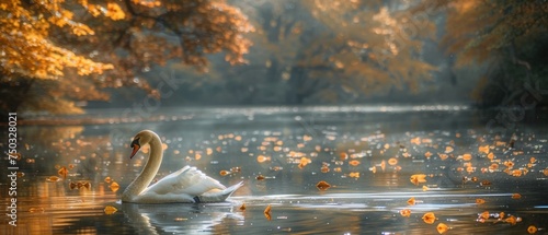 A swan glides gracefully across a pond strewn with fallen leaves, the amber autumn glow reflecting softly in the tranquil waters. The scene captures the quiet beauty of nature in fall
