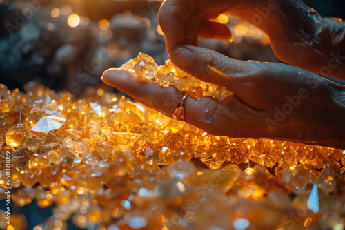 A hand grabbed a yellow gemstone from a pile on the table