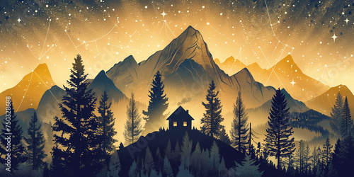 Vintage Celestial Charm: Old Triangle Poster Depicting Stars and Constellations, Styled with Layered Landscapes photo