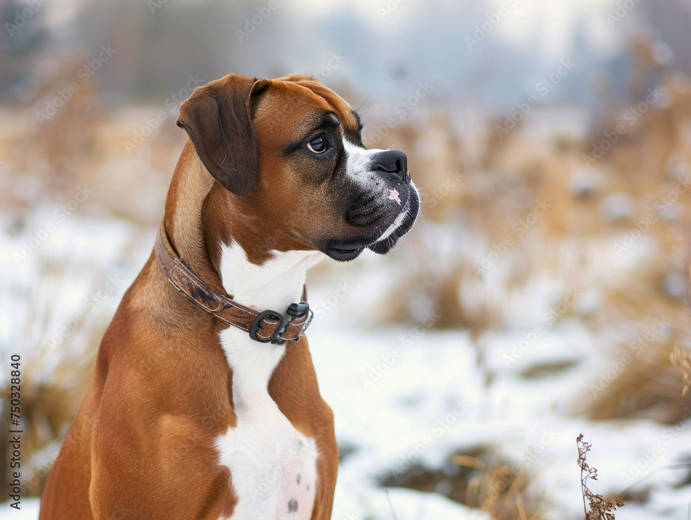 Boxer dogs muscular physique and kind eyes, highlighted in a dynamic, playful moment