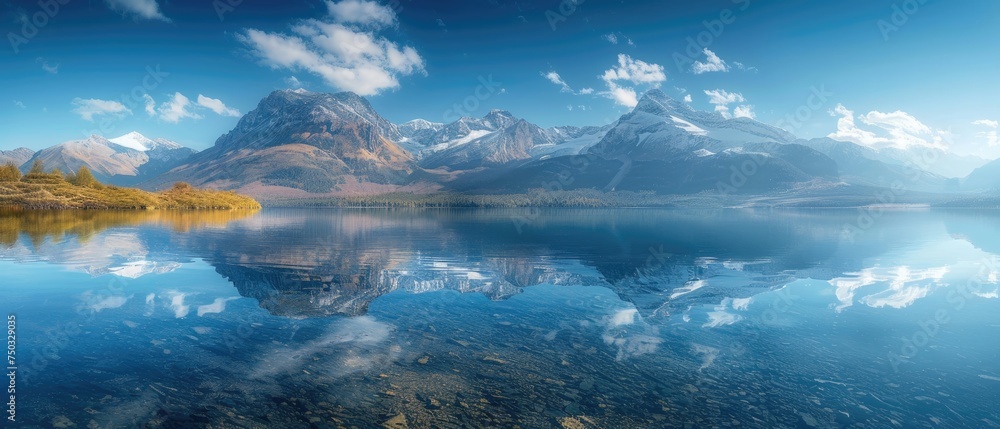 A majestic mountain range is reflected in a crystal-clear alpine lake, showcasing a symphony of sky, stone, and water. The pristine clarity of the lake reveals the vibrant underwater rocks and foliage