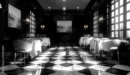 Interior of restaurant with black and white floor, table and chair at side. Black and white image. Created with Ai