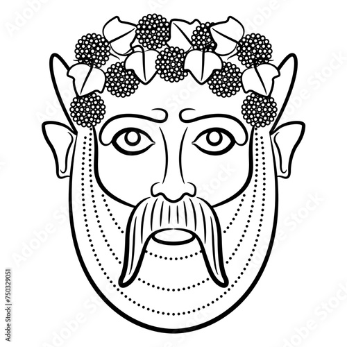 Etruscan mask of god Bacchus. Antique god of wine. Bearded horned male face wearing grape wreath. Black and white linear silhouette.