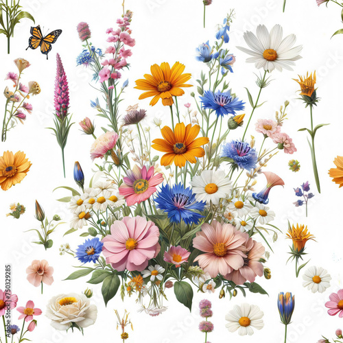 Seamless pattern of meadow flowers on white background. AI generated image.