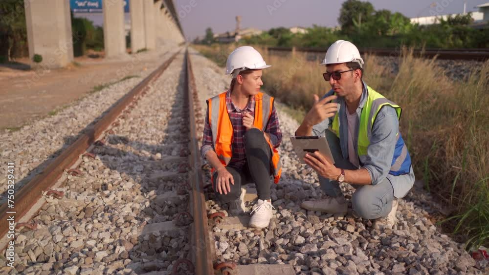 Team of civil engineer is discussing about the construction project at the railway construction site. Team of civil engineer is discussing about the construction project at the railway construction site.