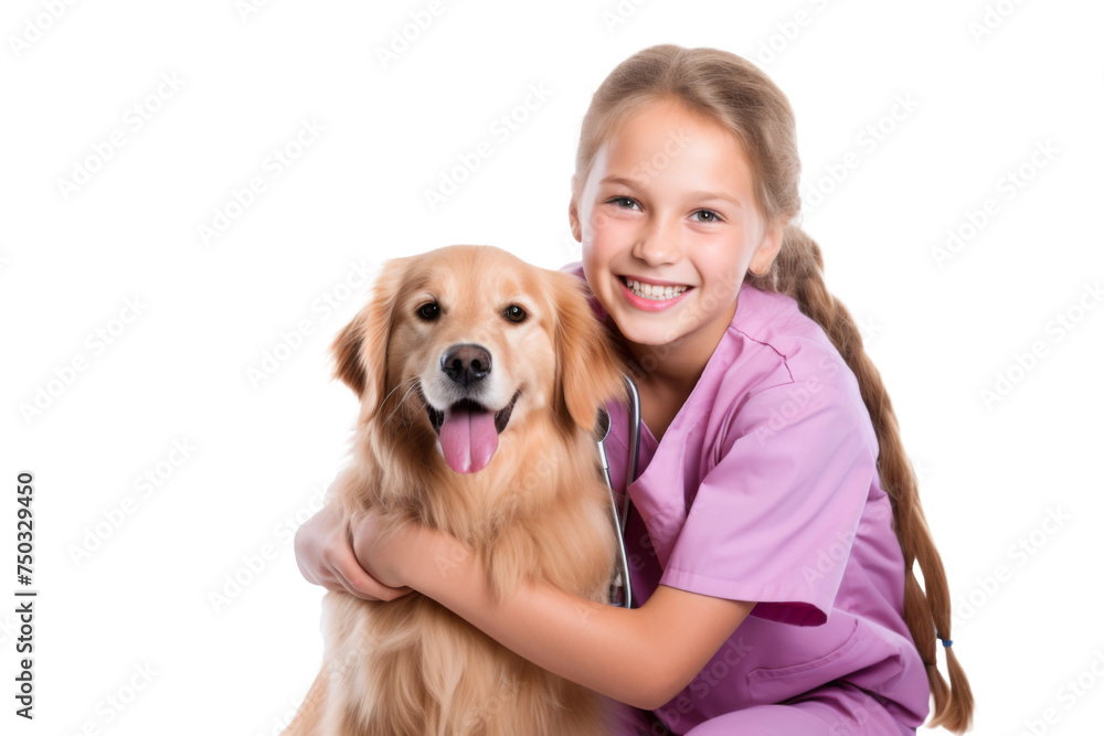 Portrait of beautiful women hugging cute dog with smile and hppiness isolated on background, lovely moment of pet and owner.