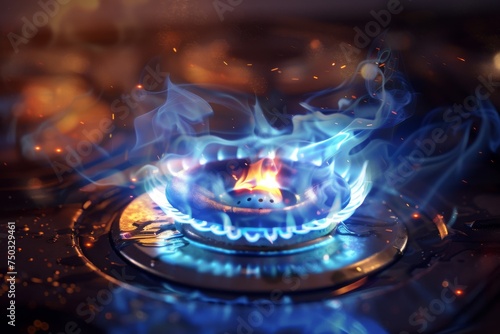 A macro shot of a gas burner on a stove, ignited with a bright blue flame