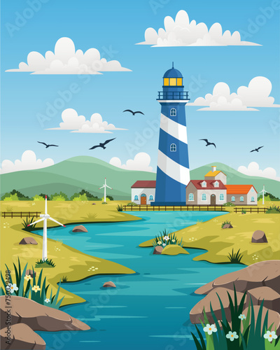 Lighthouse on rock stones island landscape, Mercusuar tower illustration in flat style
