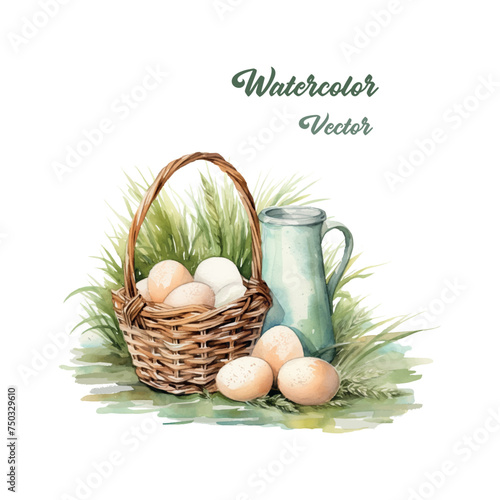 Basket with chicken eggs and a jug of milk in a field. Watercolor vector illustration for postcard, websites and prints.