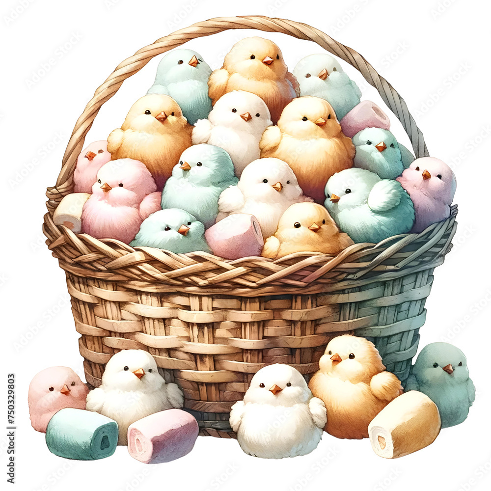 Watercolor Easter with Basket Marshmallow Chicks 
