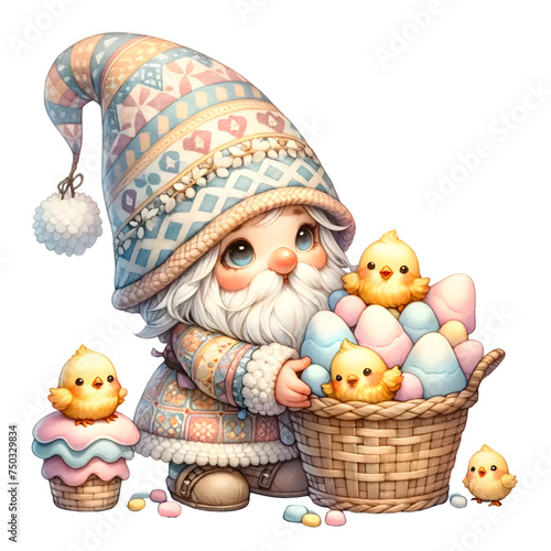 Watercolor Easter Cute Gnome with Basket Marshmallow Chicks.