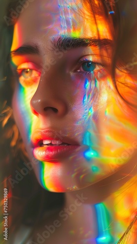A close-up portrait of a person's face bathed in vivid rainbow light patterns, highlighting the eyes, lips, and skin texture. The light creates a prismatic effect, casting vibrant hues across the indi
