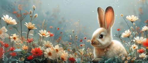 Cute rabbit surrounded by wildflowers. Spring summer background or greeting card © Anatolii
