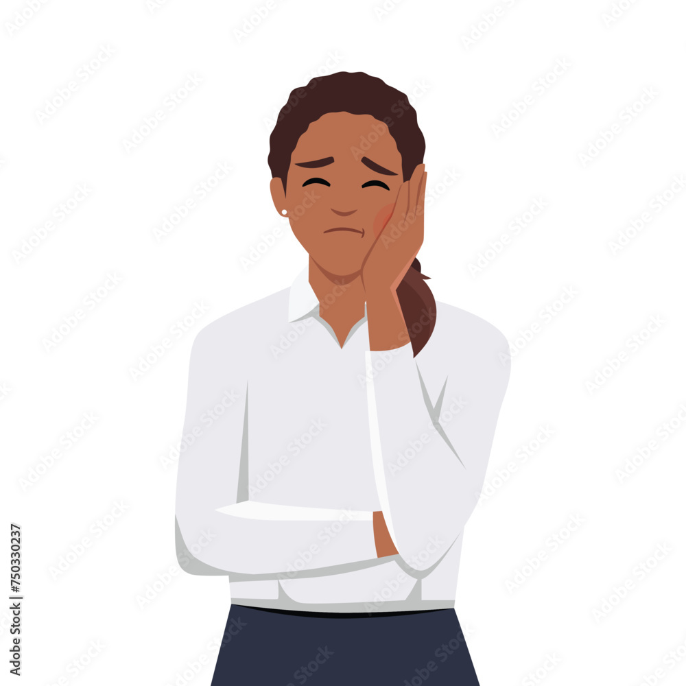 Young sad unhappy woman holding cheek due to toothache having expression of pain. Flat vector illustration isolated on white background