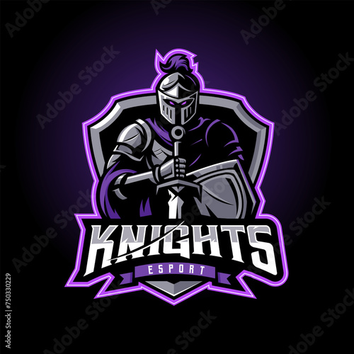 Knight holding sword and shield for esport gaming logo