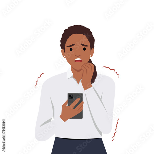 Worried concerned woman character looking at her phone screen cracked. Flat vector illustration isolated on white background