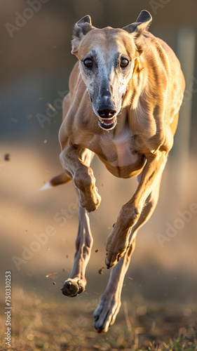 Greyhounds sleek form and intense gaze, emphasizing speed and grace in an open field
