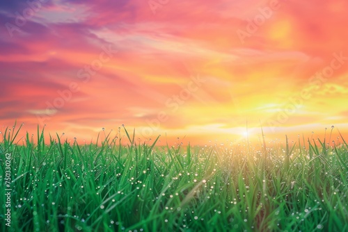 peaceful meadow bathed in the warm glow of a sunset, with dewdrops sparkling on the blades of grass like tiny diamonds