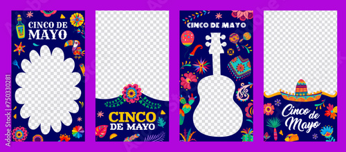 Cinco de Mayo mexican holiday social media templates with flower and guitar vector frames on transparent background. Mexico fiesta sombrero, maracas, tequila and cactus, chili, pinata and tex mex taco photo