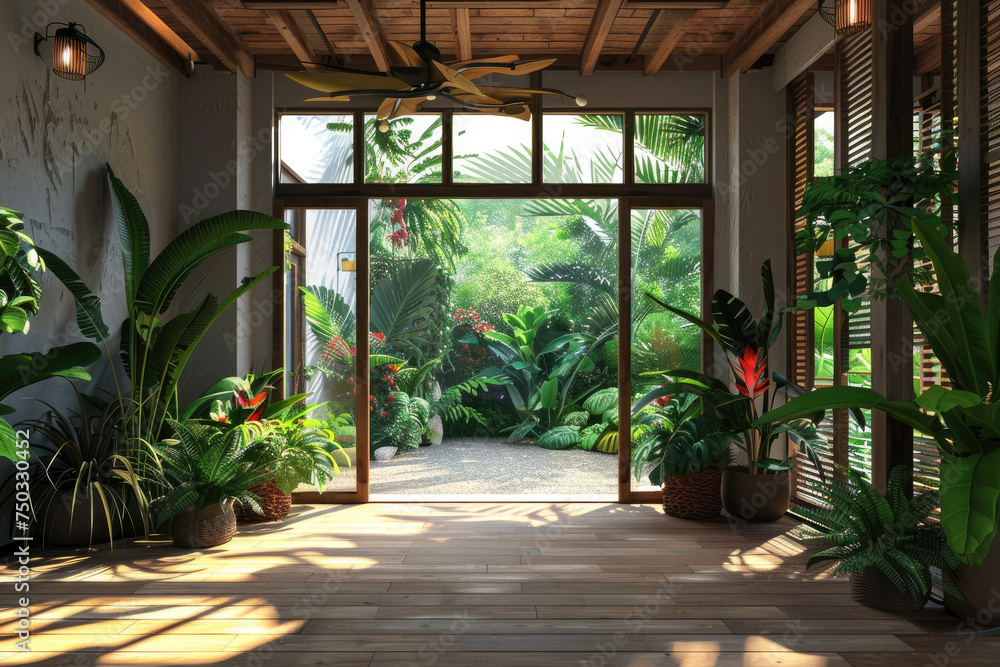 3D rendering of tropical house with many plants