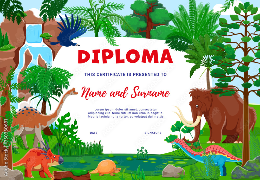 Fototapeta premium Kids diploma with cartoon dinosaurs and dino characters in tropical forest, vector education certificate. Funny Jurassic and ice age animals, mammoth and exotic bird with dino for kindergarten diploma