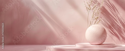 Elegant minimalist scene with a soft pink textured background, featuring a round podium and a spherical vase with pampas grass for a serene product display.