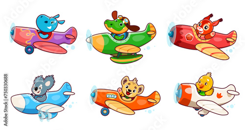 Cartoon cute baby animals characters on planes. Hippo and crocodile, squirrel and koala, leopard and duck animal kid airplane pilots in the sky. Vector funny aviators personages on retro aircraft