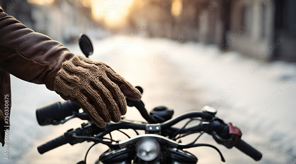 Closeup woman biker with glove safety ride acceleration speed control, hand holing handbrake on motorcycle vehicle and nature background.  generative ai  - obrazy, fototapety, plakaty 