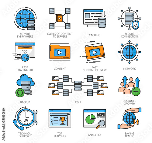 CDN content delivery network icons, digital media distribution service, vector line symbols. CDN or computer and internet technology system icons of web information, search analytics and data server